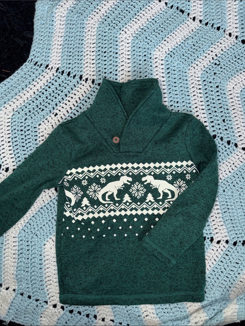 jumping beans Forest Green Dinosaur Fair Isle Shawl Collar Sweater